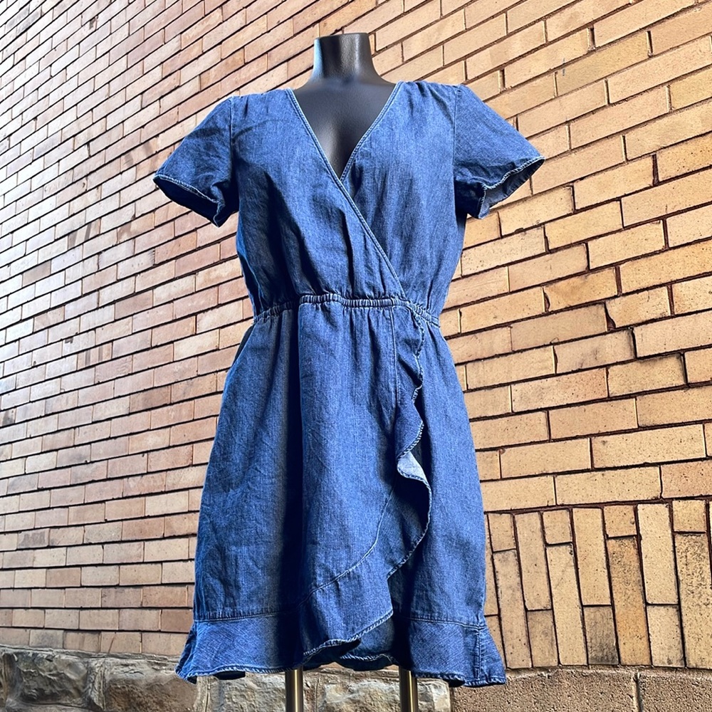J. Crew Mercantile Blue Chambray Faux Wrap Ruffle Dress Size Small